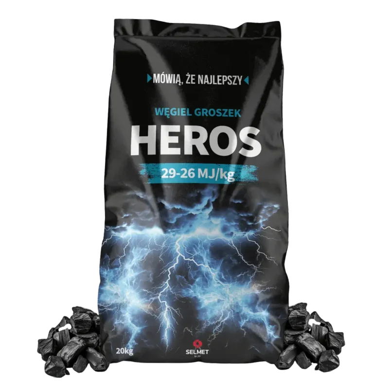 Węgiel groszek Heros marki Selmet o wysokiej kaloryczności 29-26 MJ/kg. Czarne opakowanie 20kg z niebieskim piorunem.