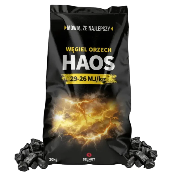 Węgiel Orzech workowany - Haos - 1000kg -main Węgiel orzech Haos 29-26 MJ/kg Selmet workowany 20kg. Gruby węgiel kamienny w czarnym opakowaniu z żółtą błyskawicą i bryłami opału.